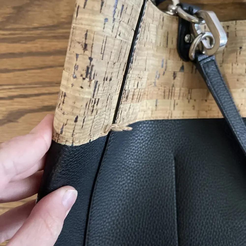 Lauren Ralph Lauren Tote Bag Cork Trim Black Faux Leather Shoulder Bag Purse
